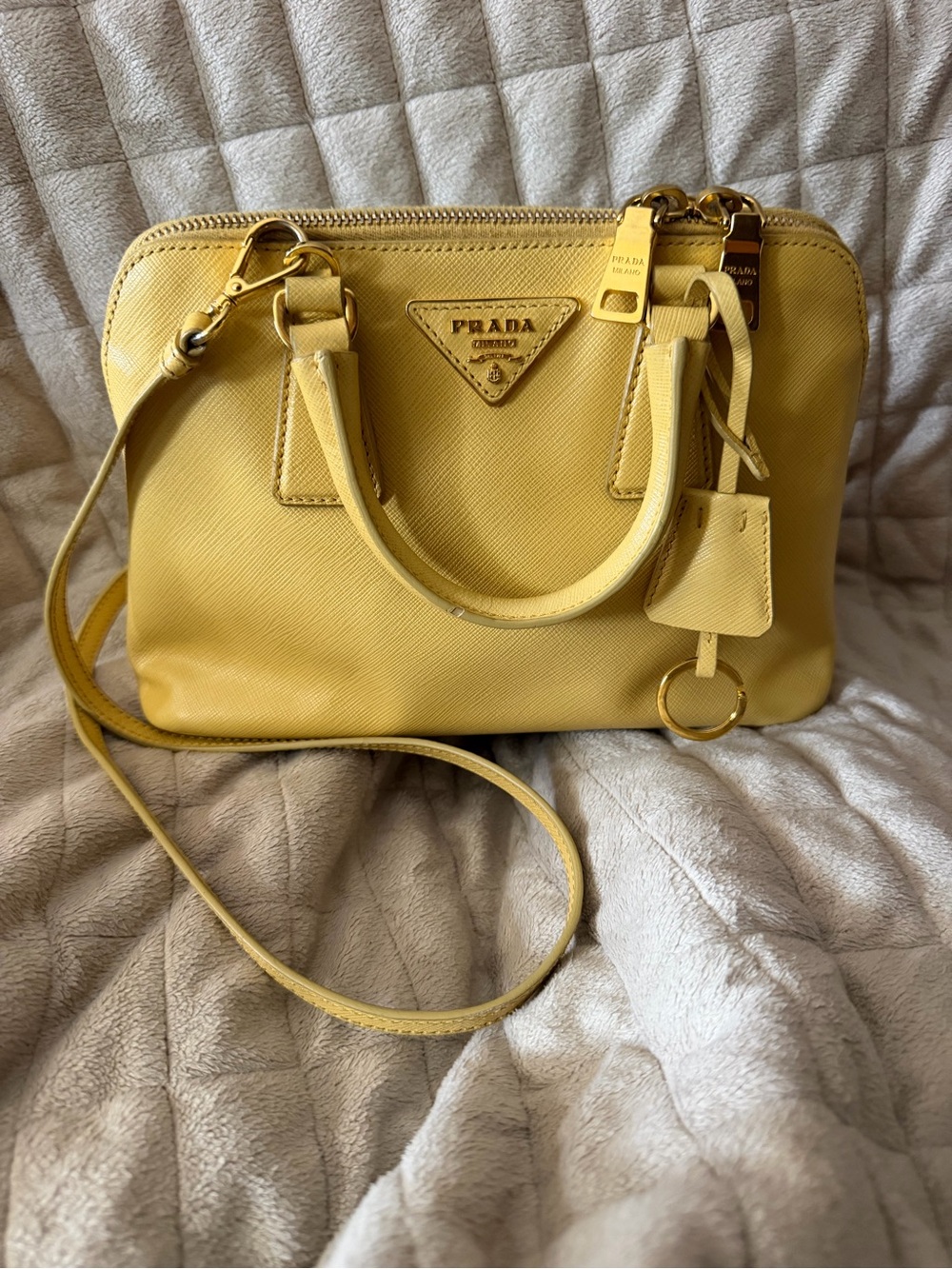 PPRADA Small Double Top-Handle Satchel/Crossbody in Yellow Saffiano Leather